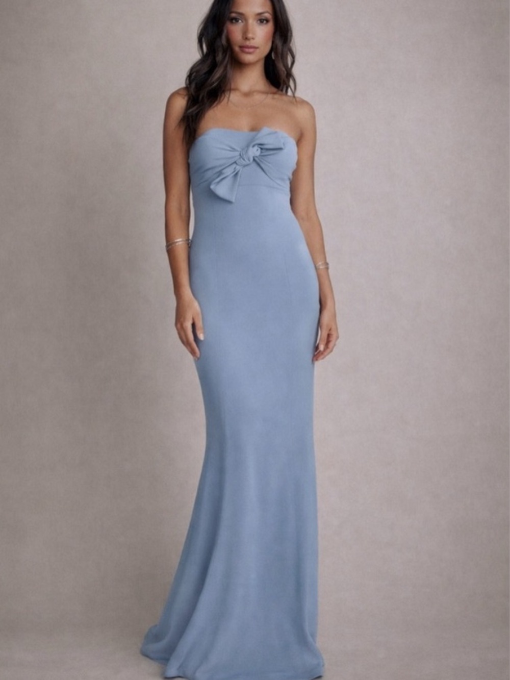 Show Me Your MuMu Strapless Bow Gown in Dusty Blue